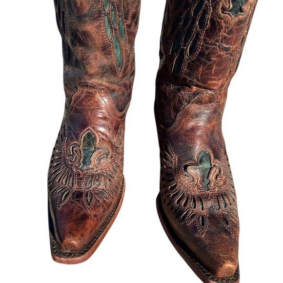 Corral Women's Chestnut Marble & Turquoise Winged Fleur de Lis, Cowboy Boots 7.5 - Picture 4 of 10
